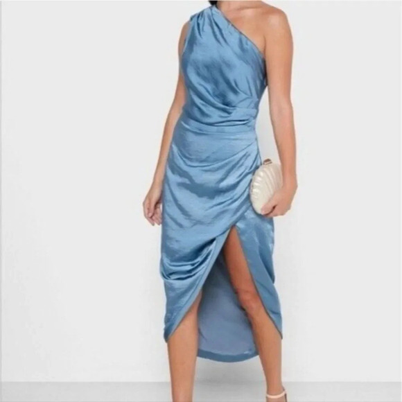 Elliatt Cassini Cadet Blue One Shoulder Satin Dress Size Medium - Picture 1 of 8